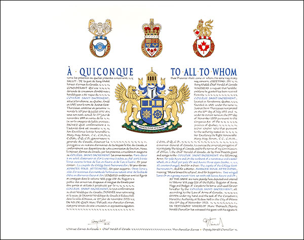 Letters patent granting heraldic emblems to the Collège Saint-Sacrement
