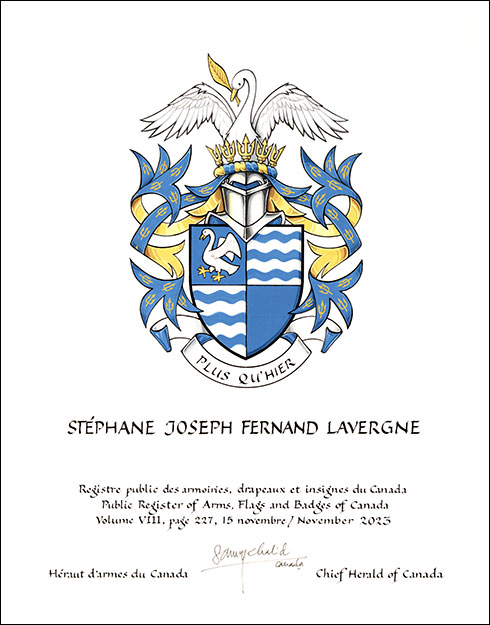 Letters patent granting heraldic emblems to Stéphane Joseph Fernand Lavergne