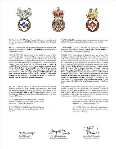 Letters patent granting heraldic emblems to Darin Joseph MacKinnon