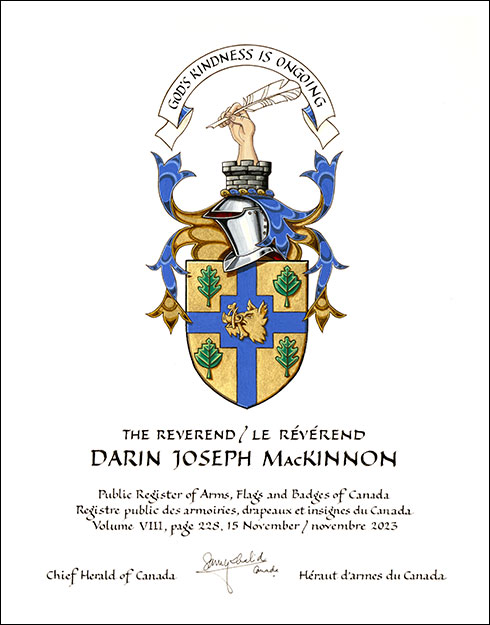 Letters patent granting heraldic emblems to Darin Joseph MacKinnon
