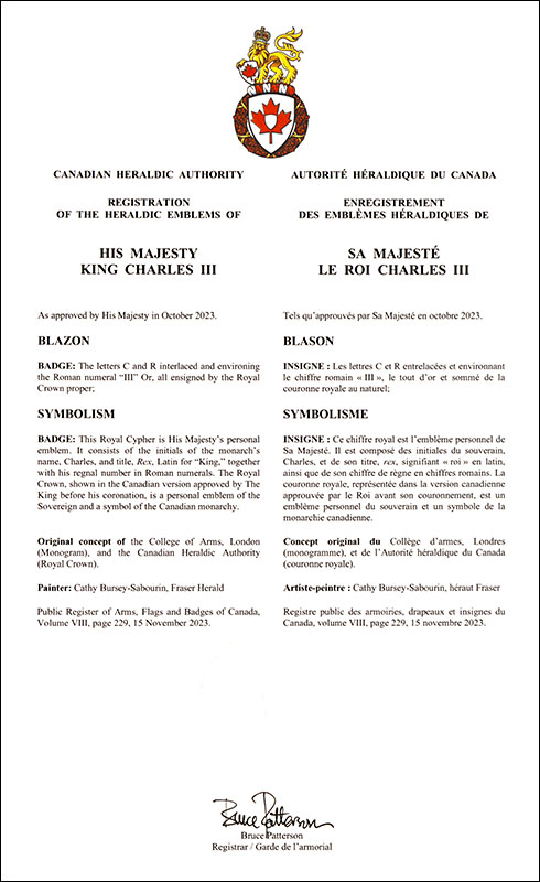 Letters patent registering the heraldic emblems of Charles III, King of Canada