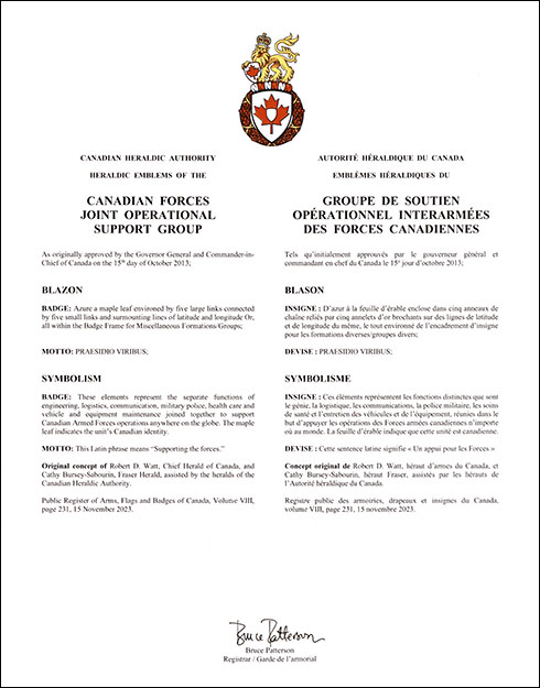 Letters patent confirming the Badge of the Canadian Forces Joint Operational Support Group