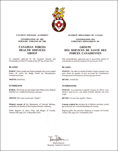 Letters patent confirming the Badge of the Canadian Forces Health Services Group