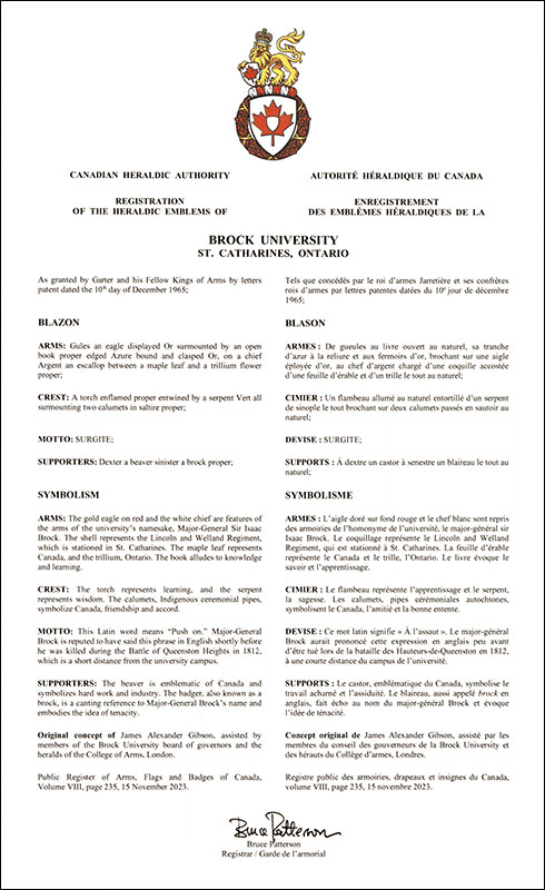 Letters patent registering the heraldic emblems of Brock University