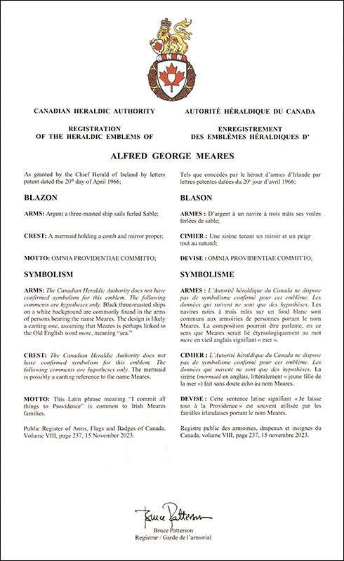 Letters patent registering the heraldic emblems of Alfred George Meares