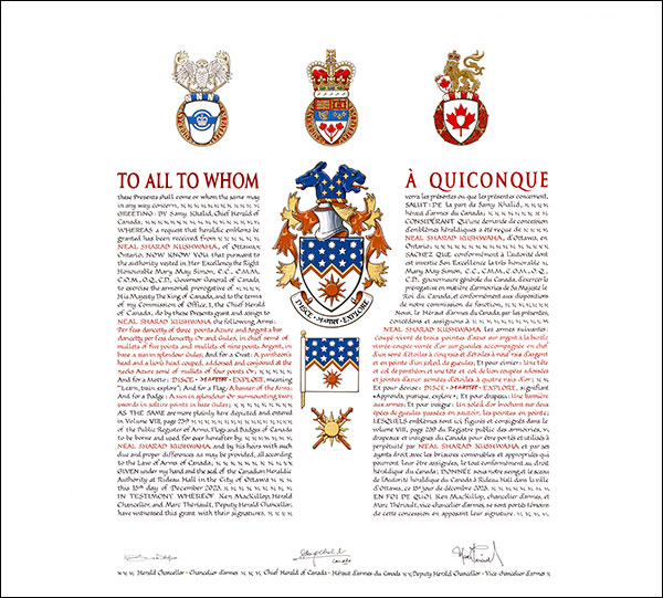 Lettres patentes concédant des emblèmes héraldiques à Neal Sharad Kushwaha