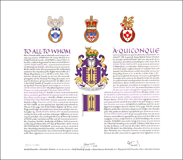 Lettres patentes concédant des emblèmes héraldiques à John Peter Ratzlaff