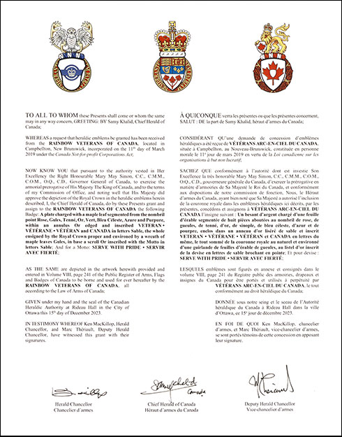 Letters patent granting heraldic emblems to the Rainbow Veterans of Canada