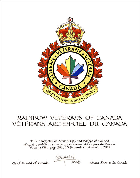 Letters patent granting heraldic emblems to the Rainbow Veterans of Canada