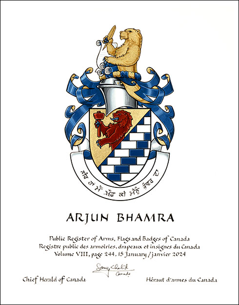 Letters patent granting heraldic emblems to Arjun Singh Bhamra