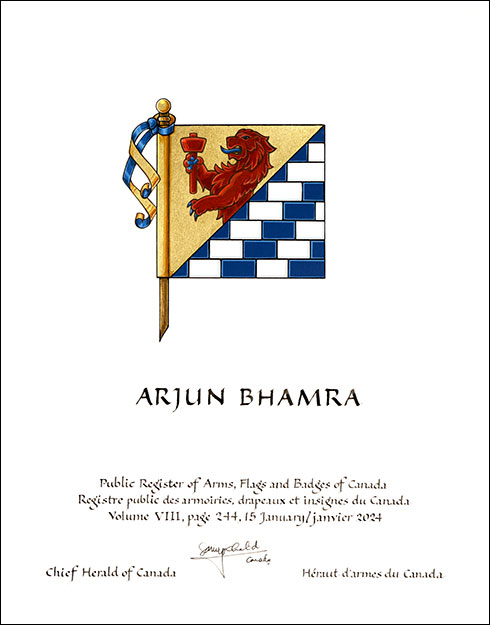 Letters patent granting heraldic emblems to Arjun Singh Bhamra