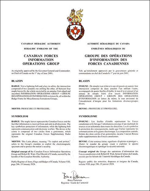 Letters patent confirming the Badge of the Canadian Forces Information Operations Group