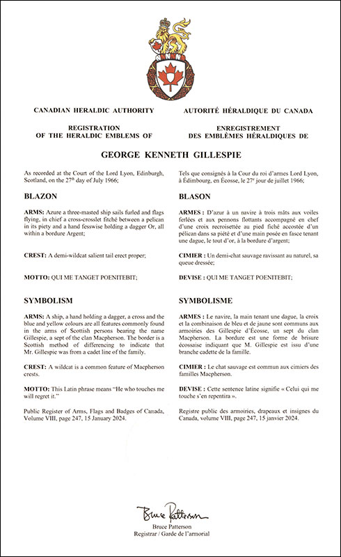 Arms of George Kenneth Gillespie