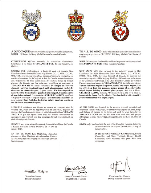 Letters patent granting heraldic emblems to Yohann St-Cyr