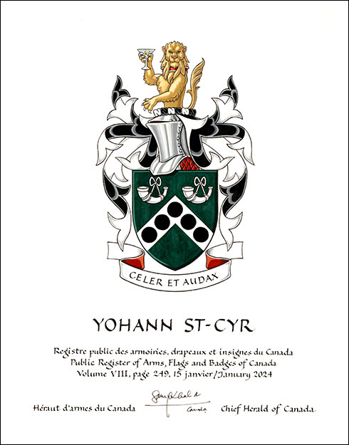 Letters patent granting heraldic emblems to Yohann St-Cyr