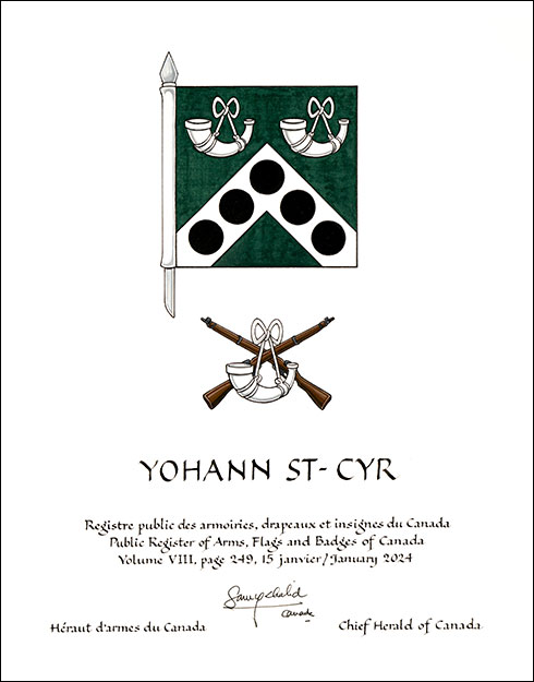 Letters patent granting heraldic emblems to Yohann St-Cyr
