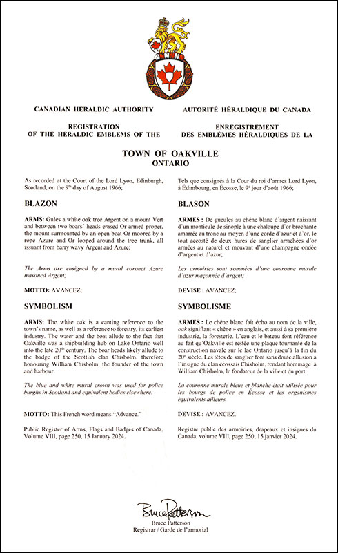 Letters patent registering the heraldic emblems of the Town of Oakville
