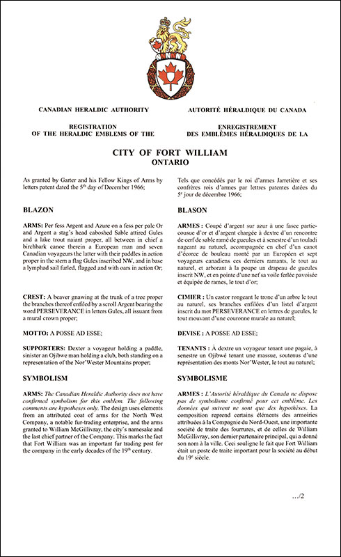 Letters patent registering the heraldic emblems of the City of Fort William