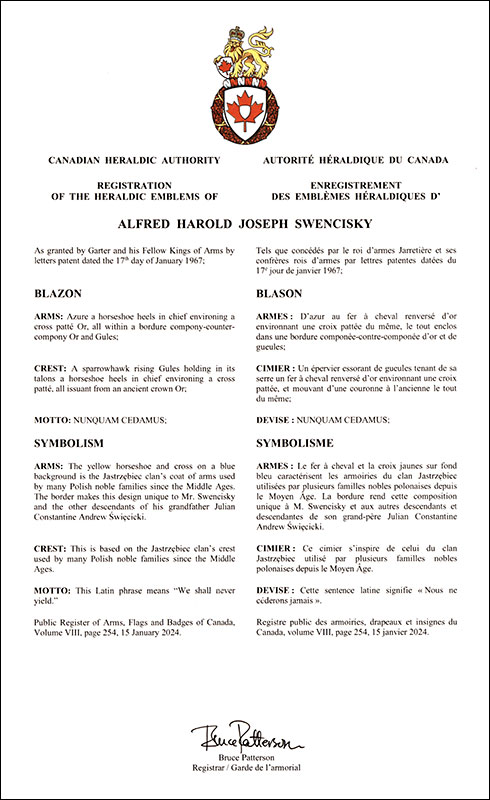 Letters patent registering the heraldic emblems of Alfred Harold Joseph Swencisky