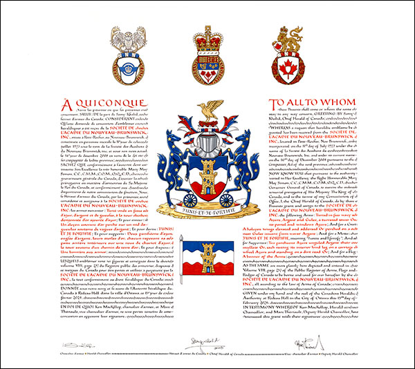 Letters patent granting heraldic emblems to the Société de l’Acadie du Nouveau-Brunswick