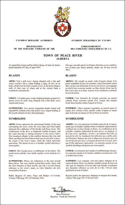 Letters patent registering the heraldic emblems of the Town of Peace River