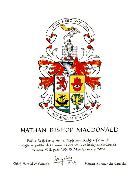 Lettres patentes concédant des emblèmes héraldiques à Nathan Bishop MacDonald