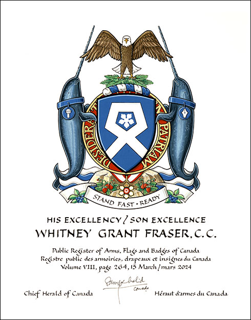 Letters patent granting heraldic emblems to Whitney Grant Fraser
