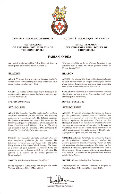 Lettres patentes enregistrant les emblèmes héraldiques de Fabian O’Dea