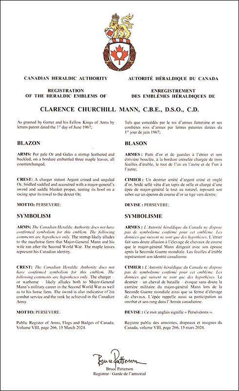 Letters patent registering the heraldic emblems of Clarence Churchill Mann