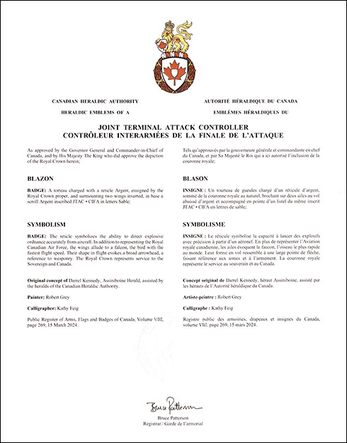Letters patent approving the Badge of the Joint Terminal Attack Controller