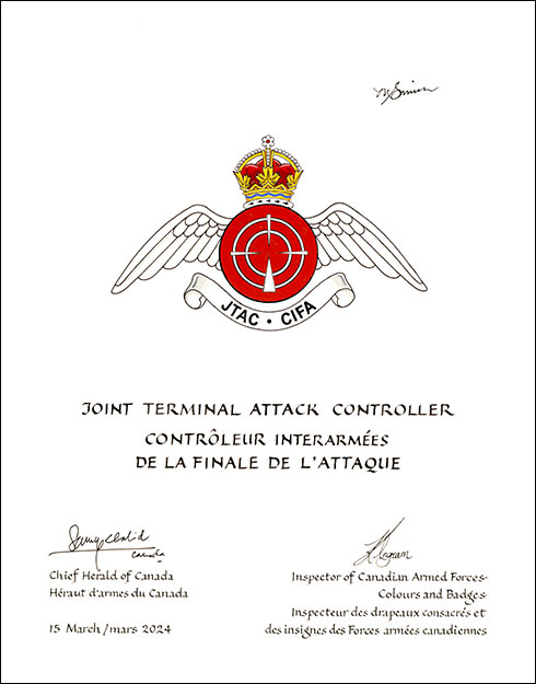 Letters patent approving the Badge of the Joint Terminal Attack Controller
