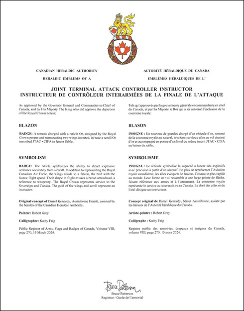 Lettres patentes approuvant l'insigne d'un instructeur de contrôleur interarmées de la finale de l’attaque