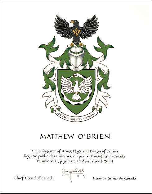 Letters patent granting heraldic emblems to Matthew O’Brien