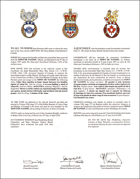 Letters patent granting heraldic emblems to the Town of Nanton