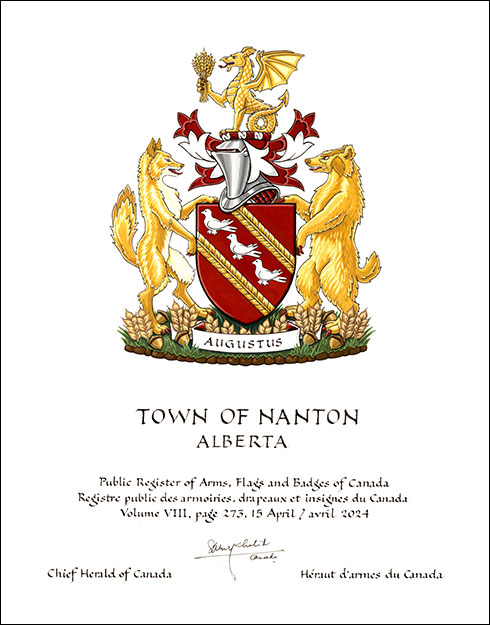Letters patent granting heraldic emblems to the Town of Nanton