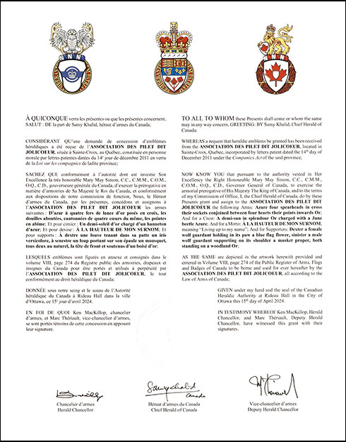 Letters patent granting heraldic emblems to the Association des Pilet dit Jolicoeur