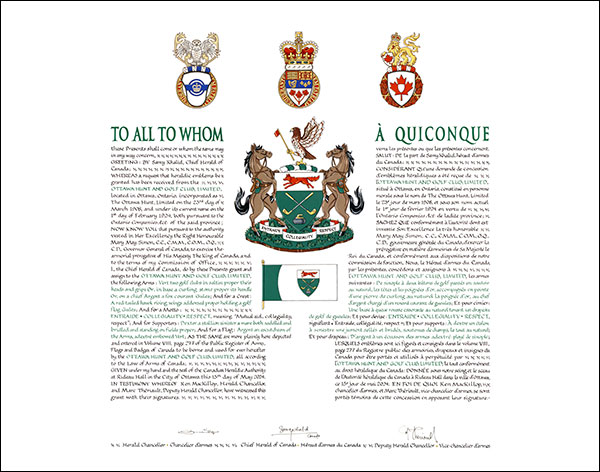 Letters patent granting heraldic emblems to the Ottawa Hunt and Golf Club, Limited