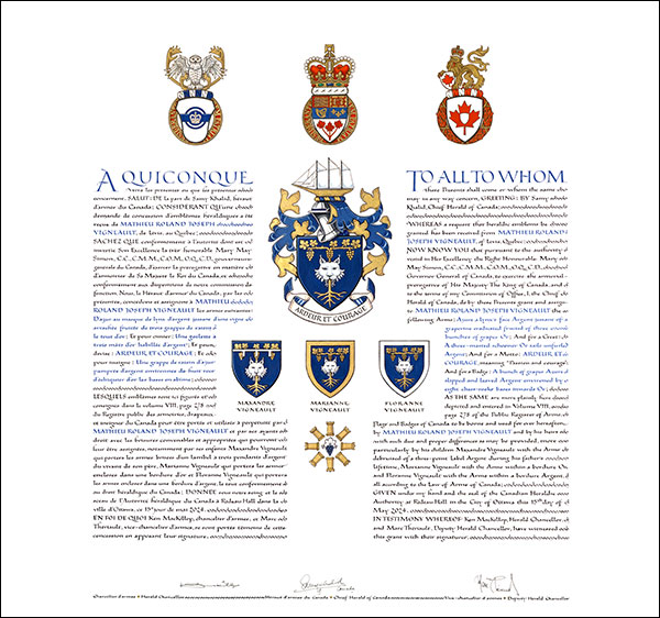 Letters patent granting heraldic emblems to Mathieu Roland Joseph Vigneault