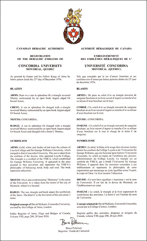 Letters patent registering the heraldic emblems of Concordia University
