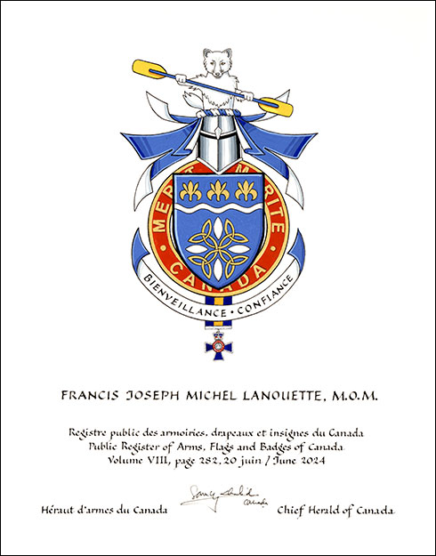 Lettres patentes concédant des emblèmes héraldiques à Francis Joseph Michel Lanouette