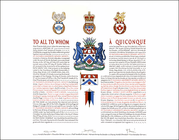 Letters patent granting heraldic emblems to the St. Michaels University School Society