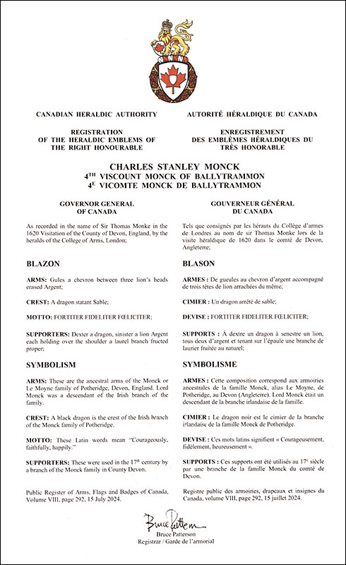 Letters patent registering the heraldic emblems of Charles Stanley Monck