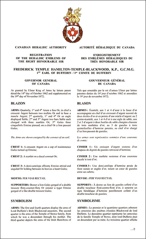 Letters patent registering the heraldic emblems of Frederick Temple Hamilton-Temple-Blackwood