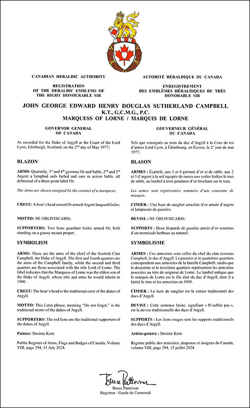 Lettres patentes enregistrant les emblèmes héraldiques de John George Edward Henry Douglas Sutherland Campbell