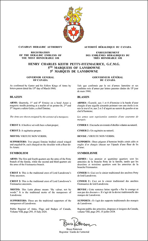 Letters patent registering the heraldic emblems of Henry Charles Keith Petty-Fitzmaurice