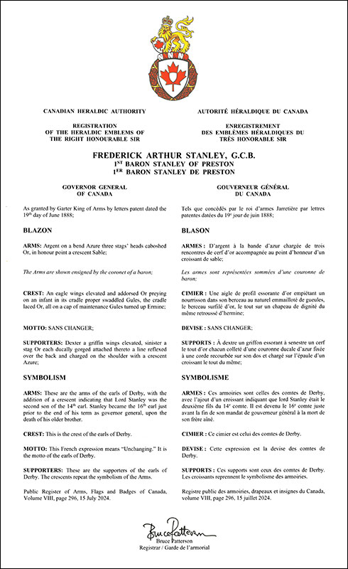Letters patent registering the heraldic emblems of Frederick Arthur Stanley