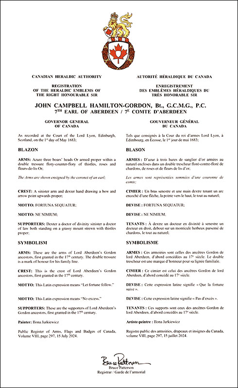 Letters patent registering the heraldic emblems of John Campbell Hamilton-Gordon
