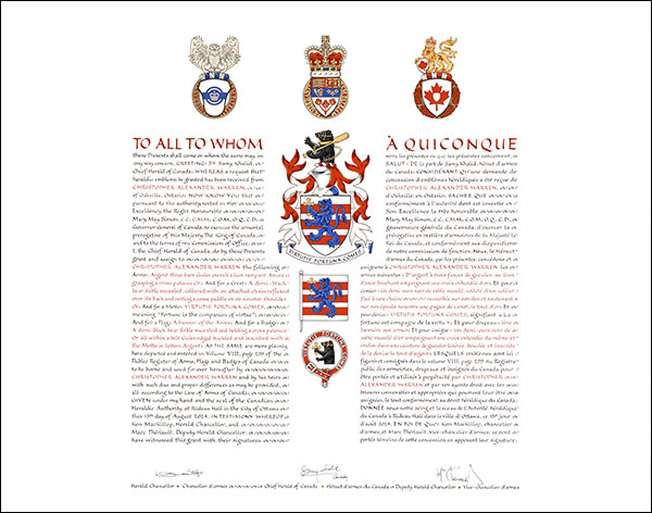 Lettres patentes concédant des emblèmes héraldiques à Christopher Alexander Warren