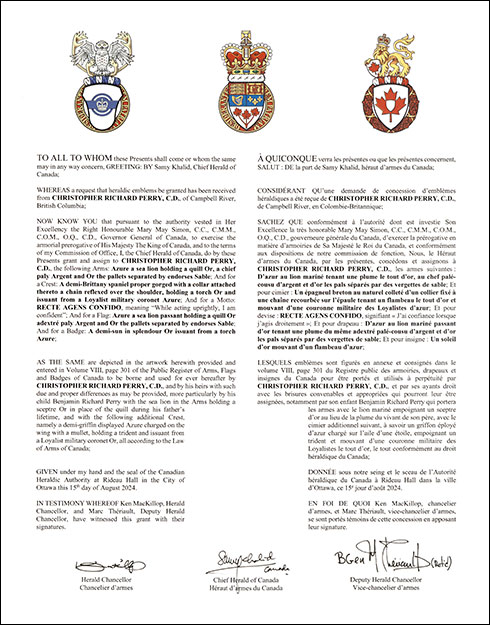 Letters patent granting heraldic emblems to Christopher Richard Perry
