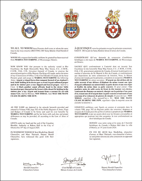 Letters patent granting heraldic emblems to Marisa Tucciarone